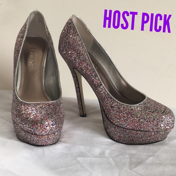 Bakers Shoes - BAKERS SILVER GLITTER PLATFORM HEELS